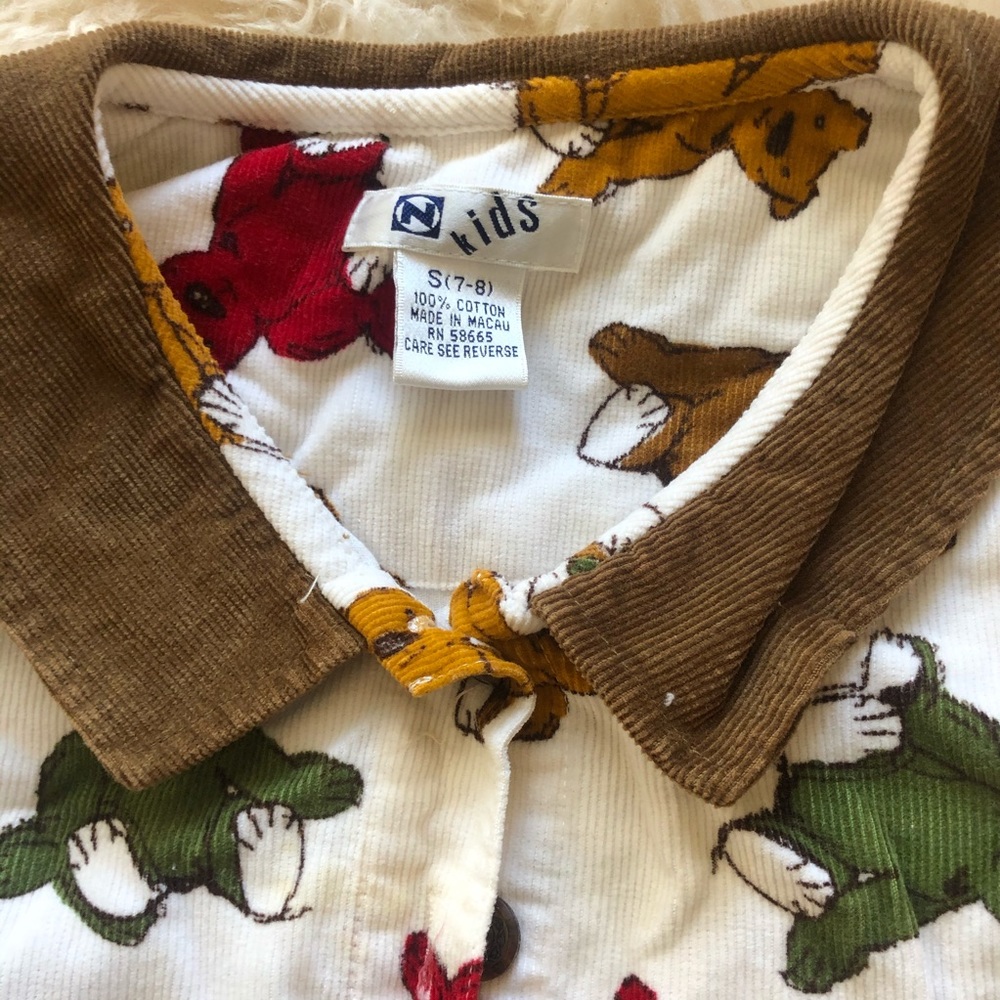 Teddy Bear Print Cotton Dress with Brown Collar